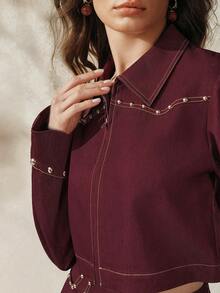 Anewsta Women's Jacket Coat, Retro Chic Luxury Elegant Heavy Craft Rivet Decor Contrast Trim Fitted Short Jacket For Women - Burgundy - View 8