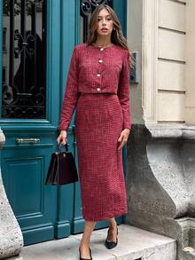 SHEIN Unity Bộ 2 món vải tuýt đỏ rượu: Áo khoác lửng và chân váy ôm sát - Màu Đỏ Sâu - Xem 3