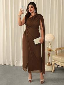 Firerie 大码优雅纯色单肩扭结连衣裙 - 棕色 - 查看 7