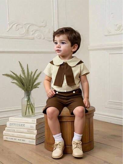 Souflis Souflis 3 قطع ملابس رسمية للأطفال الصبية تشمل قميص كم قصير مخطط، شورت ذو خصر مطاطي، وياقة شال، مريحة وجميلة، مناسبة لحفلات عيد الميلاد والزفاف والمناسبات الرسمية الأخرى