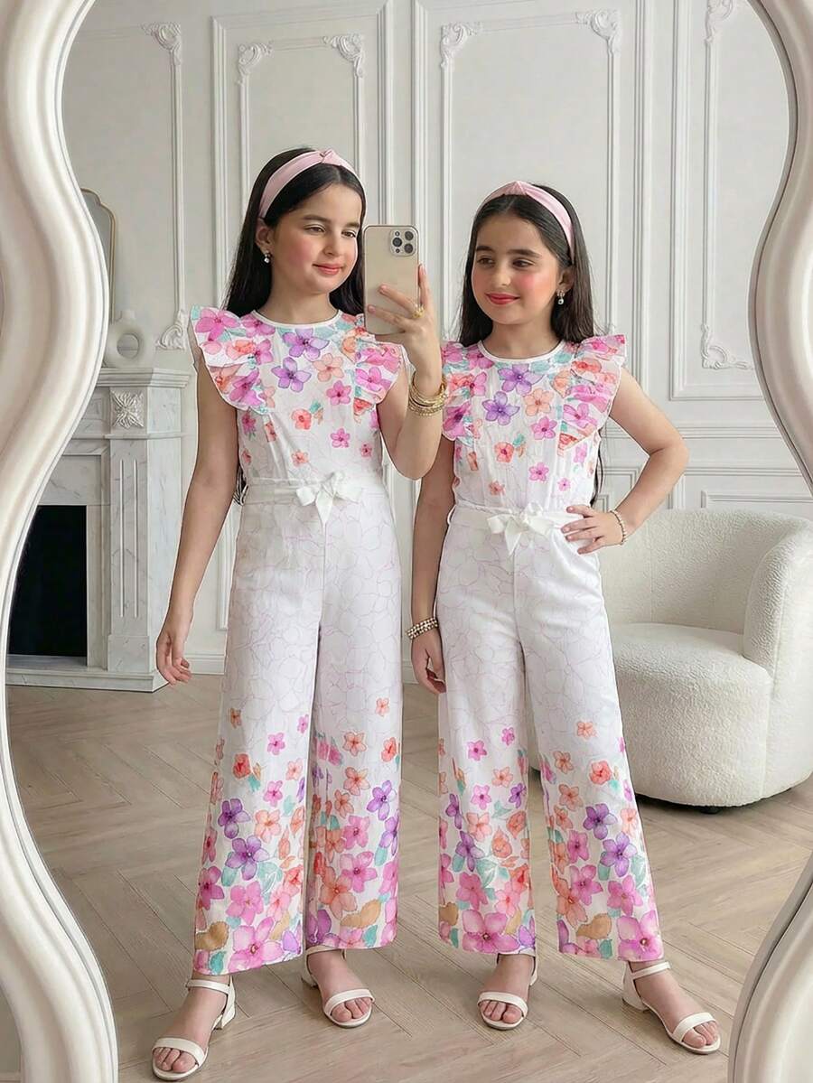 SHEIN Bộ đồ hai mảnh thường ngày dành cho bé gái tuổi teen, phù hợp cho mùa xuân/hè, kỳ nghỉ, sinh hoạt hàng ngày, học đường, cuối tuần, họp mặt gia đình, thiết kế đa năng. - trắng - Xem 1