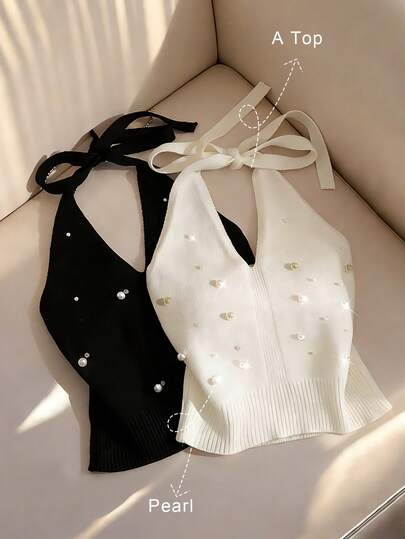 Franclia Women's Simple And Stylish Solid Color Halter Neck Tie-Up Bowknot Off-Shoulder Sleeveless Sexy Elegant Beaded White Slim-Fit Pullover Plus Size Knit Cami Camisole V-Neck Low Cut Backless Fashion Fit Tops, Spring Summer Classy Tops Elegant Tops Bow Tops Pearl Embellished Tops Cute Tops Pearl Tops