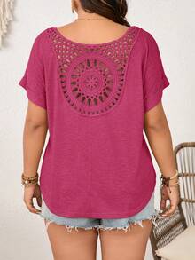 SHEIN Frenchy Plus Size Women's V-Neck T-Shirt With Sunflower Lace Patchwork Back, Going Out Tops Summer Casual Tops Tshirts For Women Summer Crochet Back Top Eyelet Top For Women Summer Short Sleeve Tops Cute Summer Tops Summer Casual Tops - Hot Pink - View 2
