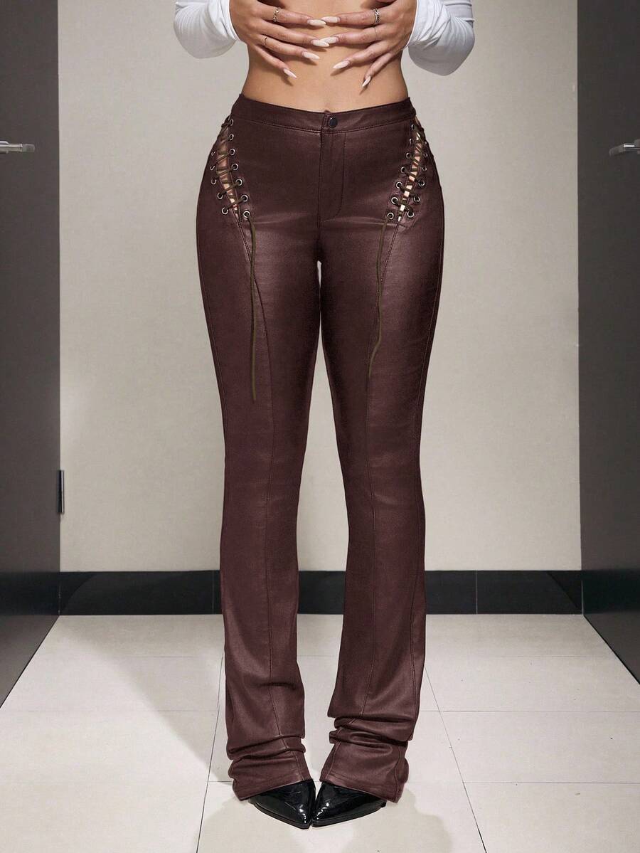 Jeanoix Women's Vintage Eyelet Lace-Up Long Pants - Brown - View 1