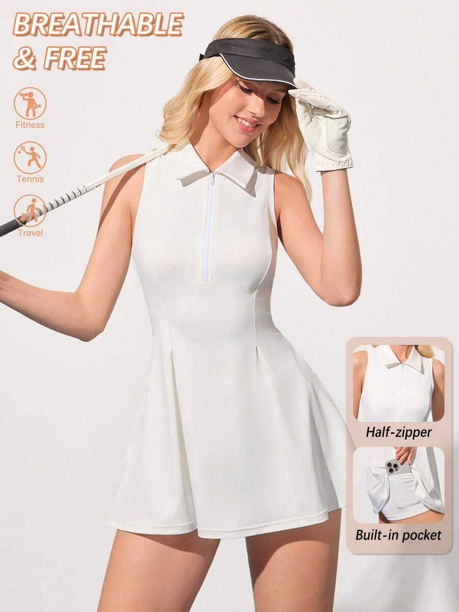 CourtClass 女士高尔夫运动连衣裙，白色 Polo 领半开领无袖百褶裙，配有可拆卸短裤和口袋，适合日常休闲穿着、跑步、瑜伽、健身、网球、高尔夫、春夏穿着。 - 白色 - 查看 1