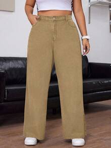 SHEIN CURVE+ Plus Size Women Cowgirl Vintage Style Loose Fit Wide Leg Jeans, Rodeo - Khaki - View 6