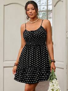 SHEIN VCAY 大码吊带系腰波点无袖休闲夏日连衣裙 - 黑色 - 查看 6