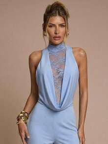 SHEIN BAE Women's Lace Patchwork Stand Collar Sheer Draped Sleeveless Jumpsuit - Baby Blue - View 5