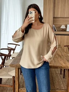 SHEIN LUNE Camisa Cáqui Ombro a Ombro de Manga Longa com Botões Metálicos, Adequada para Férias Casuais na Primavera e Verão, Plus Size para Mulheres - Caqui - Visão 5