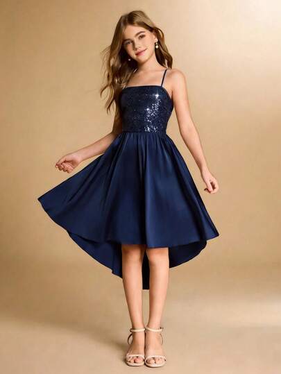 Blomsterflicka och tweenflickor Lyxig paljettklänning i satin, asymmetrisk fåll, kort framtill, lång baktill, formell klänning för bröllop, fest, födelsedag, jul