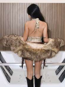 AfricaSnchz Women's Vacation Knitted Mesh Leopard Print Halter V-Neck Tie-Bow Ruched Romantic Tank Top, Suitable For Date, Valentine's Day, Sexy, Party, Beach, Cruise, Easter, Carnival, Afternoon Tea - Multicolor - View 2