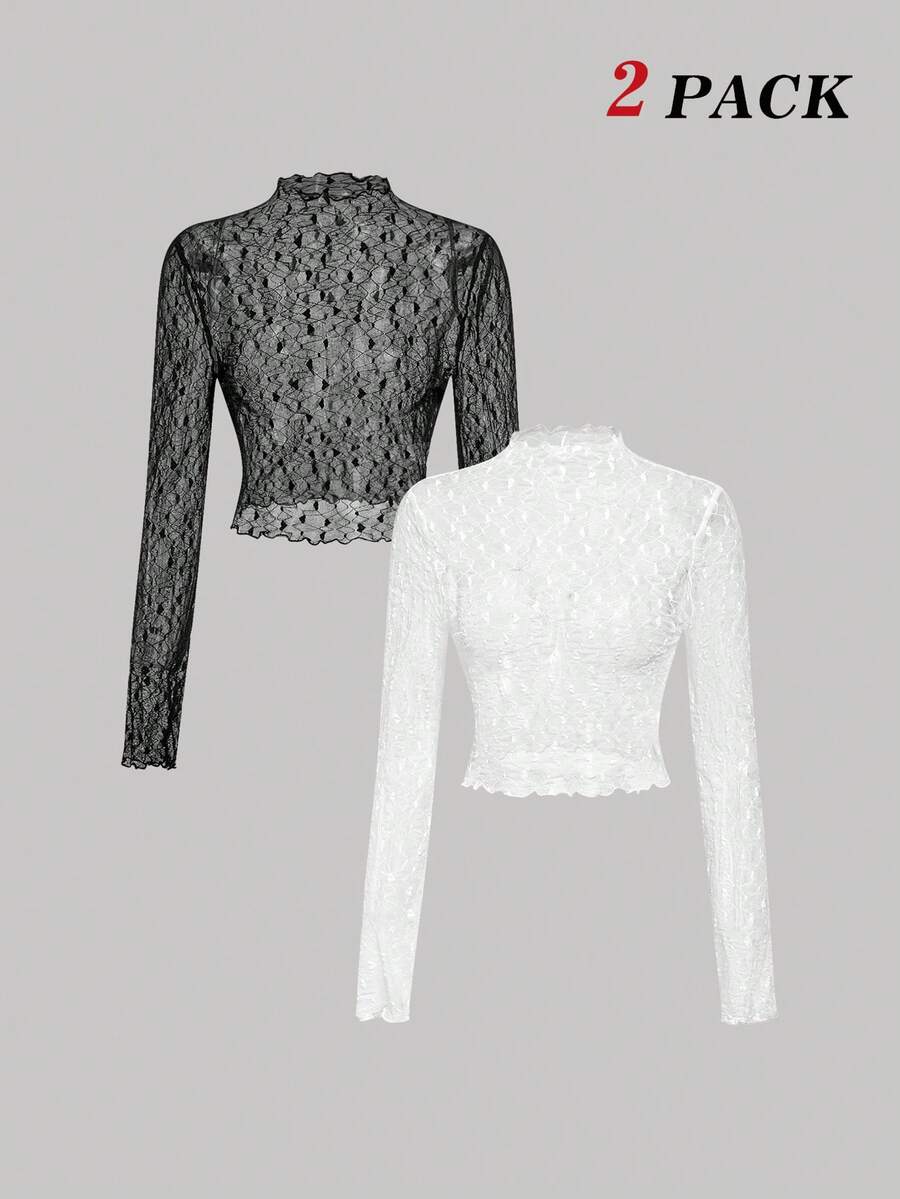 SHEIN MOD 2pcs Women's Lace See-Through Long Sleeve White &Black Top,Crop Top White Top Y2k Clothes Y2K Top Summer Tops Crop Top Graphic Sleeveless Graphic Tee, Lace Tops - Black and White - View 1