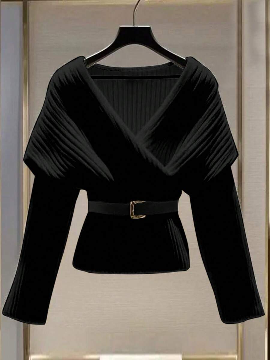 GlowEve 女士纯色交叉裹身长袖时尚T恤 - 黑色 - 查看 1