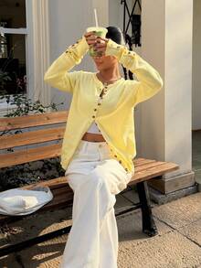 Muchica Holiday Outfits Women's Casual Commute Yellow Knitted Cardigan - Light Yellow - View 6
