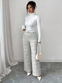 Elenzga Quần nữ thường ngày co giãn kẻ caro, quần ống đứng cạp cao ôm vừa vặn, hàng mới về mùa thu - Đen và trắng - Xem 6