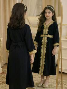 Young Girls Colorblock Printed Long Sleeve Dress Kids Black Abaya Girls Kids Arabian Dress Kids Dress For Girls, Abaya Dress For Girls, Arabian Dress For Girls - Black - View 2