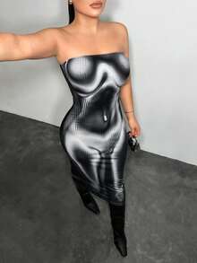 SHEIN SXY Polka Dot Print Fitted Sexy Mid-Length Dress,Carnival,Party,Rave Outfit ,Summer, Spring,Going Out,Y2K, Going Out - Black and White - View 1