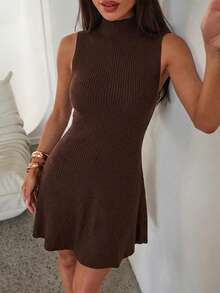 Aloruh Minimalist High-End Brown Sleeveless Stand Collar A-Line Mini Ribbed Knit Dress, Spring/Summer,Spring Outfit Women,Spring Break Outfits - Coffee Brown - View 1