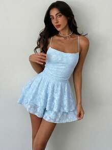 Aloruh Women's Summer Vacation Casual Spaghetti Strap Backless Romper - Blue - View 6