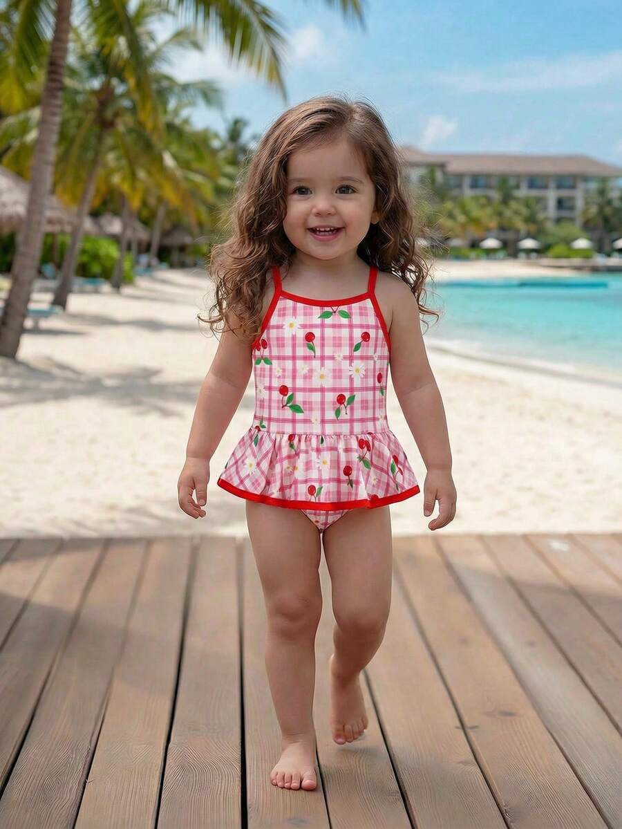 SHEIN Baby Girl Gingham & Cherry Blossom Print Ruffle One-Piece Swimsuit, Beach/Pool - Multicolor - View 1