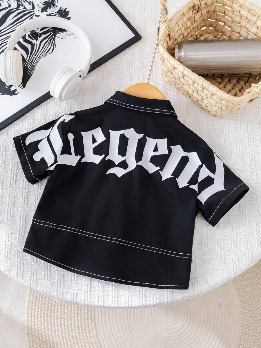 SHEIN Young Boy Letter Print Front Button Casual Short Sleeve Shirt,Kids - Black - View 1