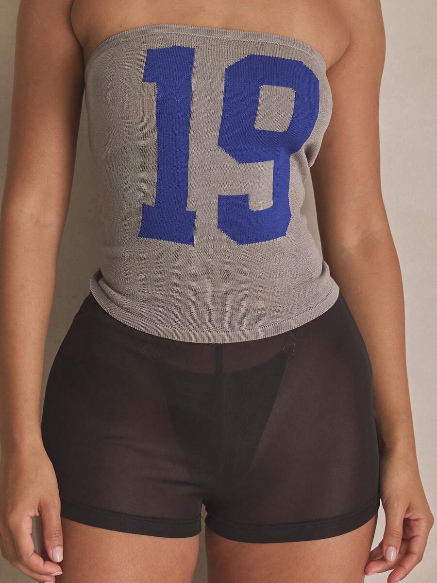 MUSERA Graphic Fitted Bandaeu Top Summer, Sporty, Casual, Day, Streetstyle, Streetwear - Grey - View 1