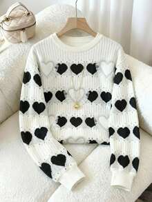 Resyla Women's Casual Heart Pattern Round Neck Drop Shoulder Sweatshirt, Autumn - Multicolor - View 4