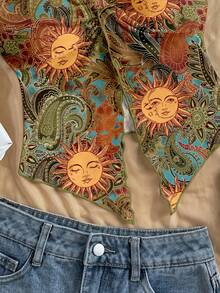 Soleia Áo nữ phong cách giản dị, tối giản, kiểu bohemian, thanh lịch, lãng mạn, cổ điển, họa tiết thần mặt trời, hoa lá, thoải mái với viền bèo xoắn, thích hợp cho mùa xuân/hè. - Nhiều màu - Xem 3