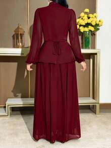 Modelyn Women's Elegant Party Peplum Waist Lantern Sleeve Pearl Decor Long Dress With Flared Hem, Spring/Autumn - Burgundy - View 2