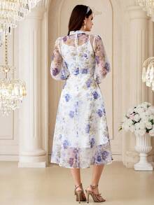 Modelyn Women's Floral Print Stand Collar Lantern Sleeve Elegant Mid-Length Dress - Blue - View 2
