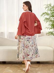 Reflora Plus Size Women's 2 Piece Set,Multicolor Elegant Blouse & Floral Printed Skirt With Pockets,Autumn Wedding Guest Outfit,Flowy Sleeve Bohemian Suits - Multicolor - View 3