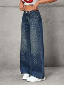 SHEIN EZwear Women's Retro Y2K Style Rhinestone Embellished Straight Leg Jeans - Dark Wash - View 3