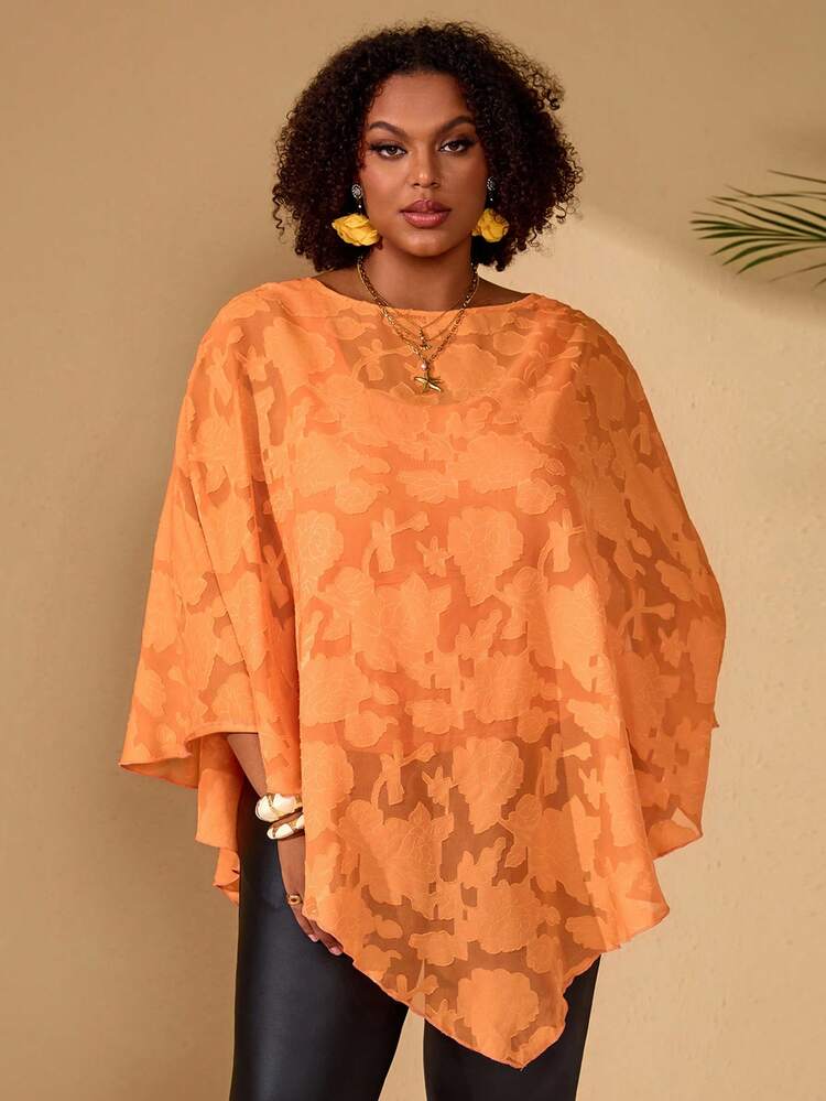 Plus Size Women's Summer Casual Vacation Asymmetrical Poncho Shawl Solid Color Floral Blouse, Holiday,Spring Break,Vacation,Going Out,2026 New,Simple And Fashionable For Everyday Wear,Casual Vacation Boho Top,Orange Plus Size Top