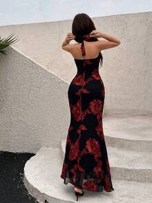 Sunnyshic 女士酒红色露背修身长款鱼尾连衣裙，奢华刺绣，优雅迷人，适合婚礼、派对、宴会、海滩、夜店、约会、秋季、情人节、圣诞节等场合。 - 紅色和黑色 - 查看 2