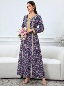 Al Najma Women's Elegant Floral Print V-Neck Long Sleeve Arabic Style Dress With Ribbon Trim - Navy Blue - View 4
