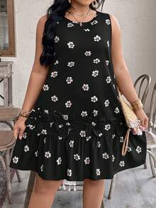 EMERY ROSE Đầm dệt kim thanh lịch, cổ tròn, không tay, cỡ lớn, in hoa, kiểu dáng thường ngày. - màu đen - Xem 7