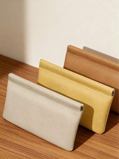 Madebyblanc 1PC Large Capacity Long Snap Wallet Quick Open Coin Card Holder Minimalist Solid Color Soft Leather Portable Organizer Slim Durable