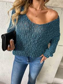 EMERY ROSE 女士纯色简约长袖毛衣，日常穿着 - 水鴨藍 - 查看 3