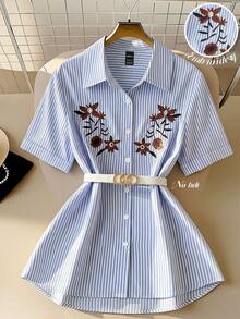 Franclia Blue And White Striped Embroidered Floral Shirt Without Belt. Suitable For Various Occasions Including Commuting, Vacations, And More. - Blue and White - View 8