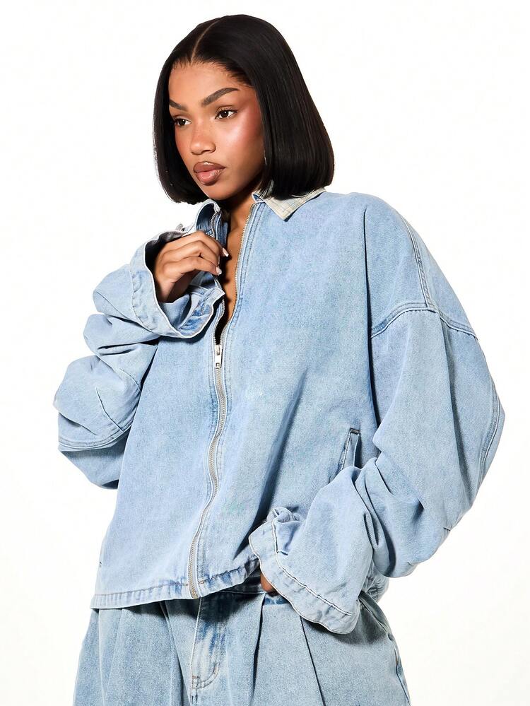 SUMWON WOMEN Oversized Cropped Denim Jacket With Collar
