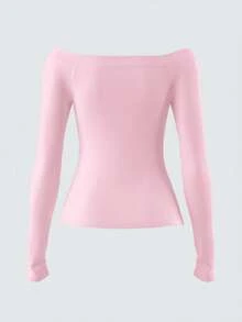 SHEIN BASICS 1 chiếc áo kiểu nữ tay dài trễ vai, màu trơn, dáng ôm vừa vặn - Hồng - Xem 4