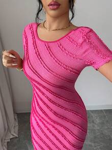 SHEIN Elenzya Đầm chữ A thanh lịch, lãng mạn, khoét lưng, ôm eo, chất liệu vải dệt kim, tay ngắn, cổ tròn. - Màu Hồng Tươi - Xem 7