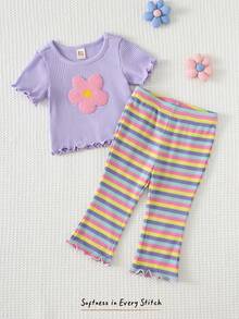Cozy Pixies 2件套女婴/幼儿女童花卉刺绣柔软针织紫色短袖上衣和粉色彩色条纹弹力腰喇叭裤套装 - 彩色 - 查看 3