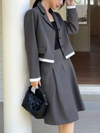 DAZY Women's Solid Color Minimalist Daily Long Sleeve Top And Skirt Suit