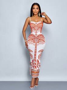 SOLERSUN 优雅性感通勤休闲度假长裙，花卉波西米亚复古风格女士修身紧身连衣裙 - 紅色 - 查看 7