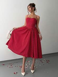 SHEIN Tall Fashionable Versatile Date Party Spaghetti Strap Waist Flared Dress For Women, Autumn/Winter - Red - View 5