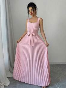 Elenzga 女士优雅褶皱吊带连衣裙 - 粉色 - 查看 5