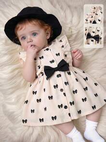 SHEIN 1pc Newborn Baby Girl Round Neck Sleeveless Bow Tie Print Button Up Black And Apricot Cute Casual Vest Dress With Round Hat, Suitable For Summer Outings Or Travel - Black and White - View 3