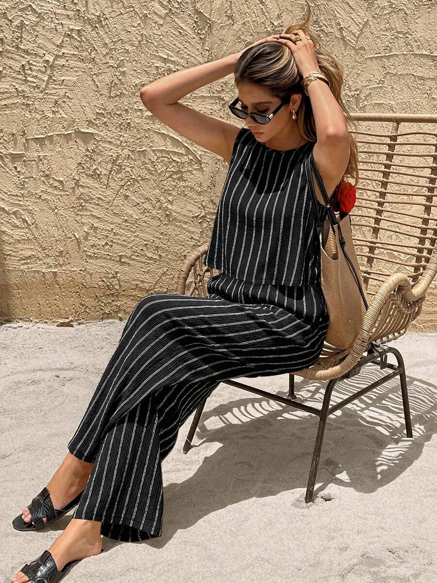 SHEIN Frenchy 两件套女士夏季休闲条纹背心和裤子套装 - 黑色 - 查看 1