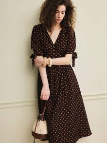 Écloséra Women's Elegant Dress, Commuting Dress, French Dress, Elegant Dress, Polka Dot Dress, Contrasting Dress, Spring And Summer Dress, Waisted Dress, A Swing Dress, Medium And Long Dress - Brown - View 1